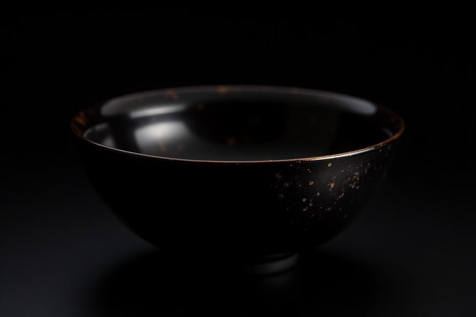 光を反射して輝く油滴天目の深みのある黒い茶碗