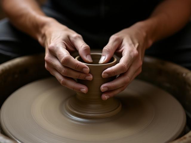 Potter's hands firmly pressing down and inward on a spinning lump of clay on a pottery wheel, guiding it to the center.
