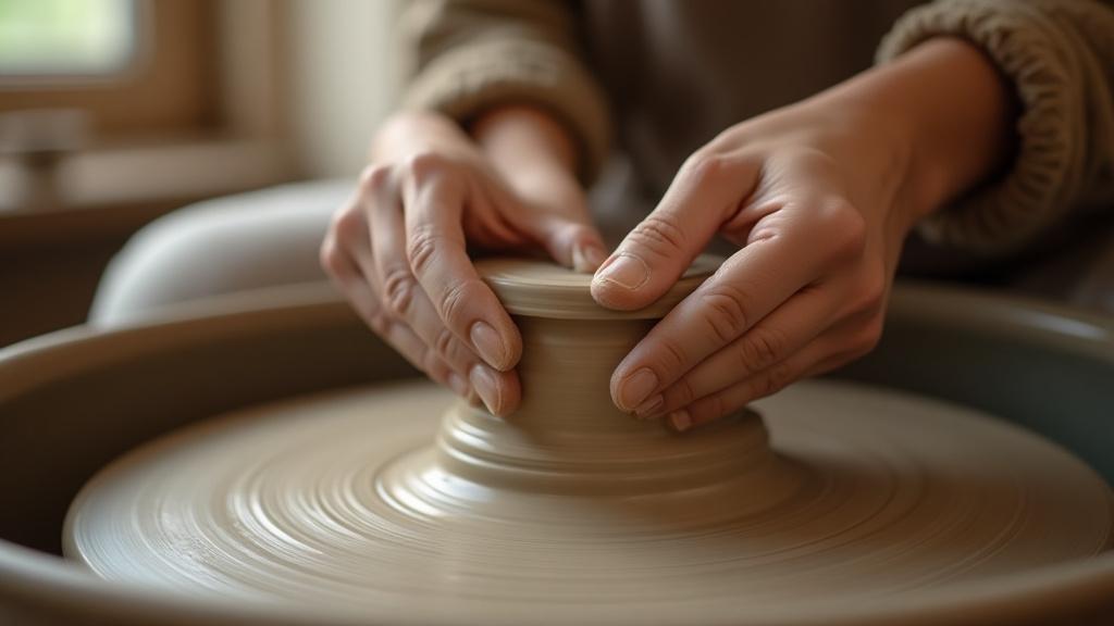 A close-up of hands gently shaping clay on a spinning pottery wheel, showcasing the fluidity of the process.