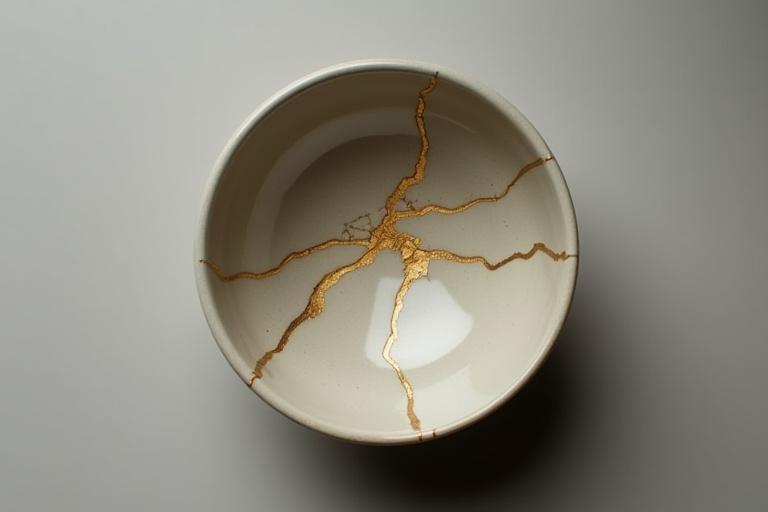 金継ぎで修復された美しい陶器、金色の線がひび割れを強調している
